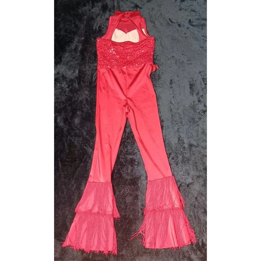 Weissman No Lie Red Sequin Fringe Jumpsuit MC Dance Costume Jazz Tap Disco 70s